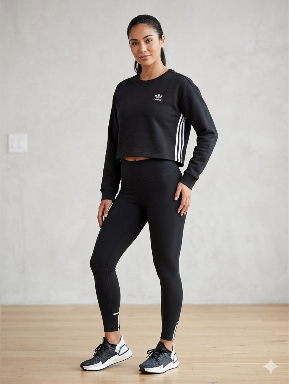 Adidas Black Cropped Crewneck Sweatshirt with White Stripes